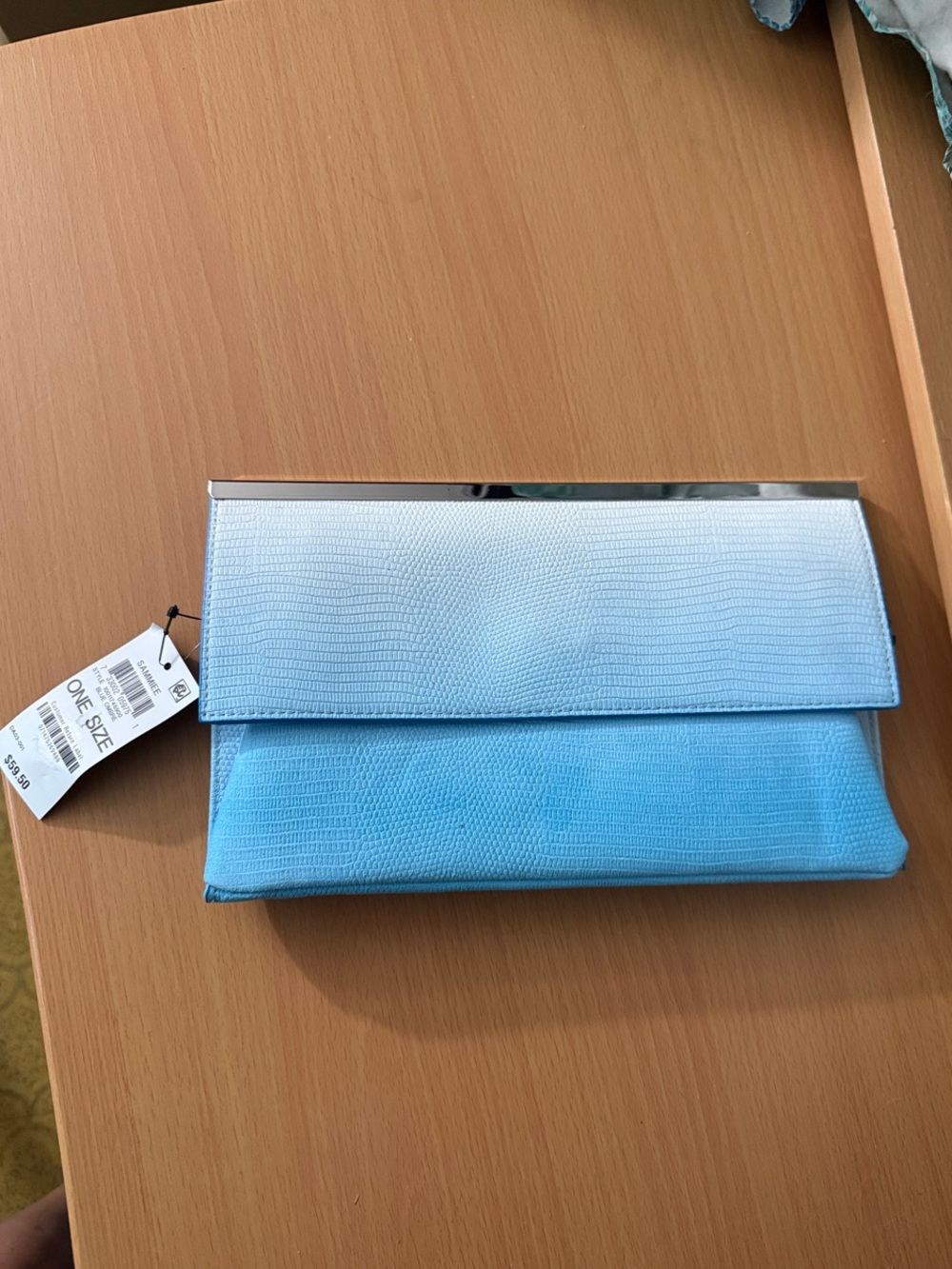 INC International Concepts Light Blue Fold-Over Clutch with Silver Trim